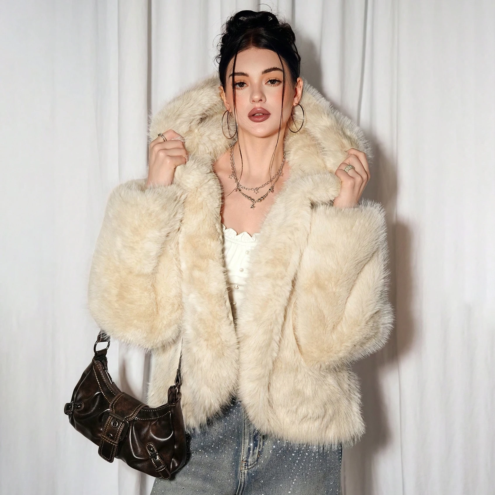IG Women Hooded Faux Fur Short Coat, Open Front Oversized Loose Fit, Long Sleeve Winter Warm Fluffy Casual Outerwear Streetwear