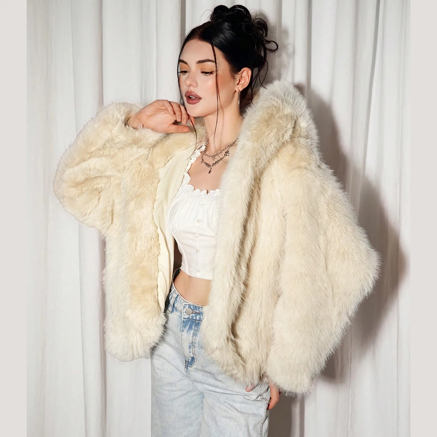 IG Women Hooded Faux Fur Short Coat, Open Front Oversized Loose Fit, Long Sleeve Winter Warm Fluffy Casual Outerwear Streetwear