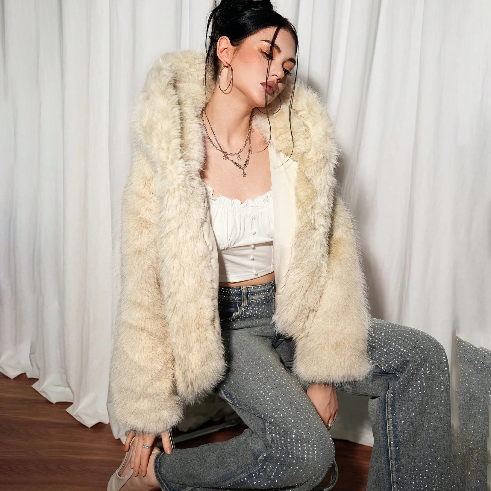IG Women Hooded Faux Fur Short Coat, Open Front Oversized Loose Fit, Long Sleeve Winter Warm Fluffy Casual Outerwear Streetwear