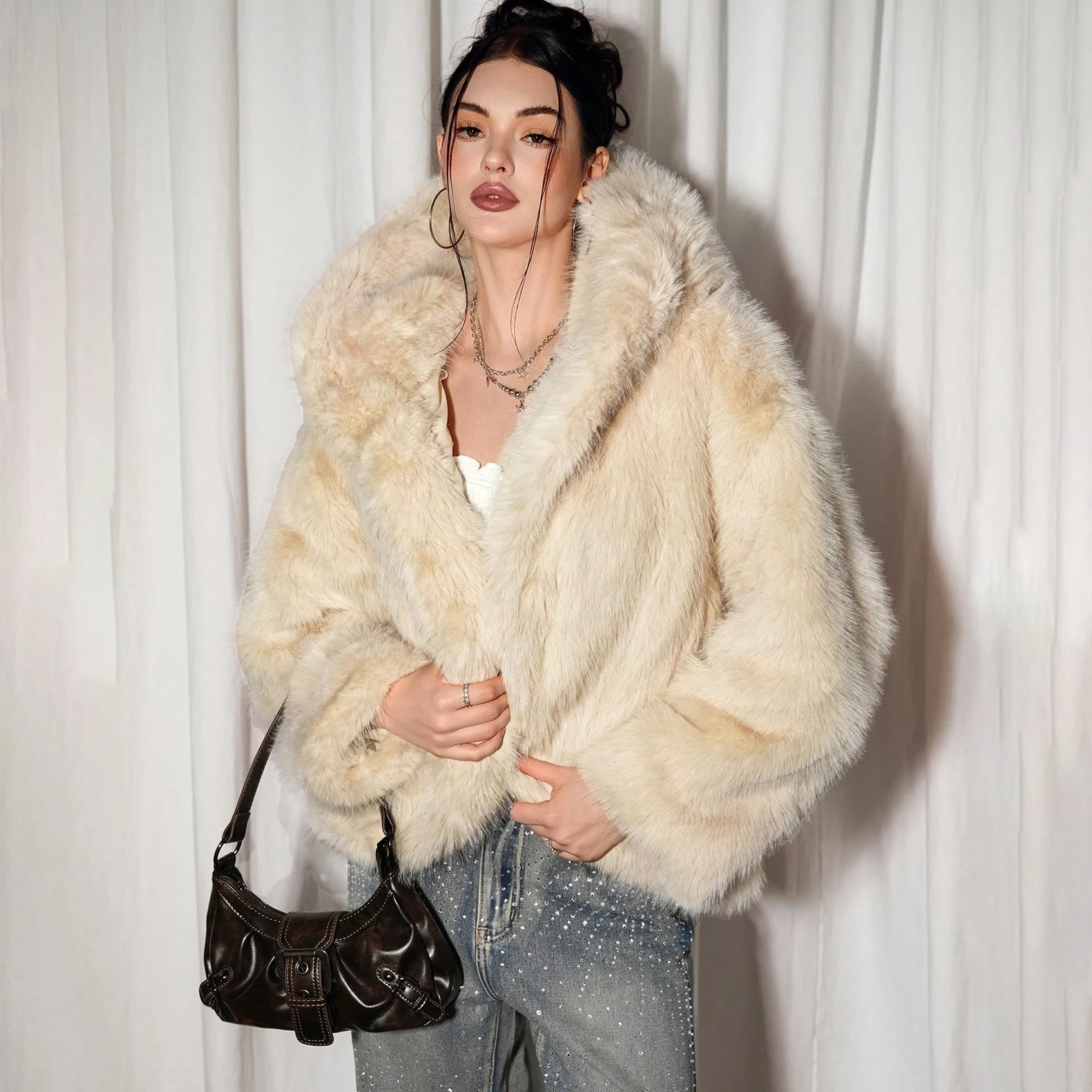 IG Women Hooded Faux Fur Short Coat, Open Front Oversized Loose Fit, Long Sleeve Winter Warm Fluffy Casual Outerwear Streetwear