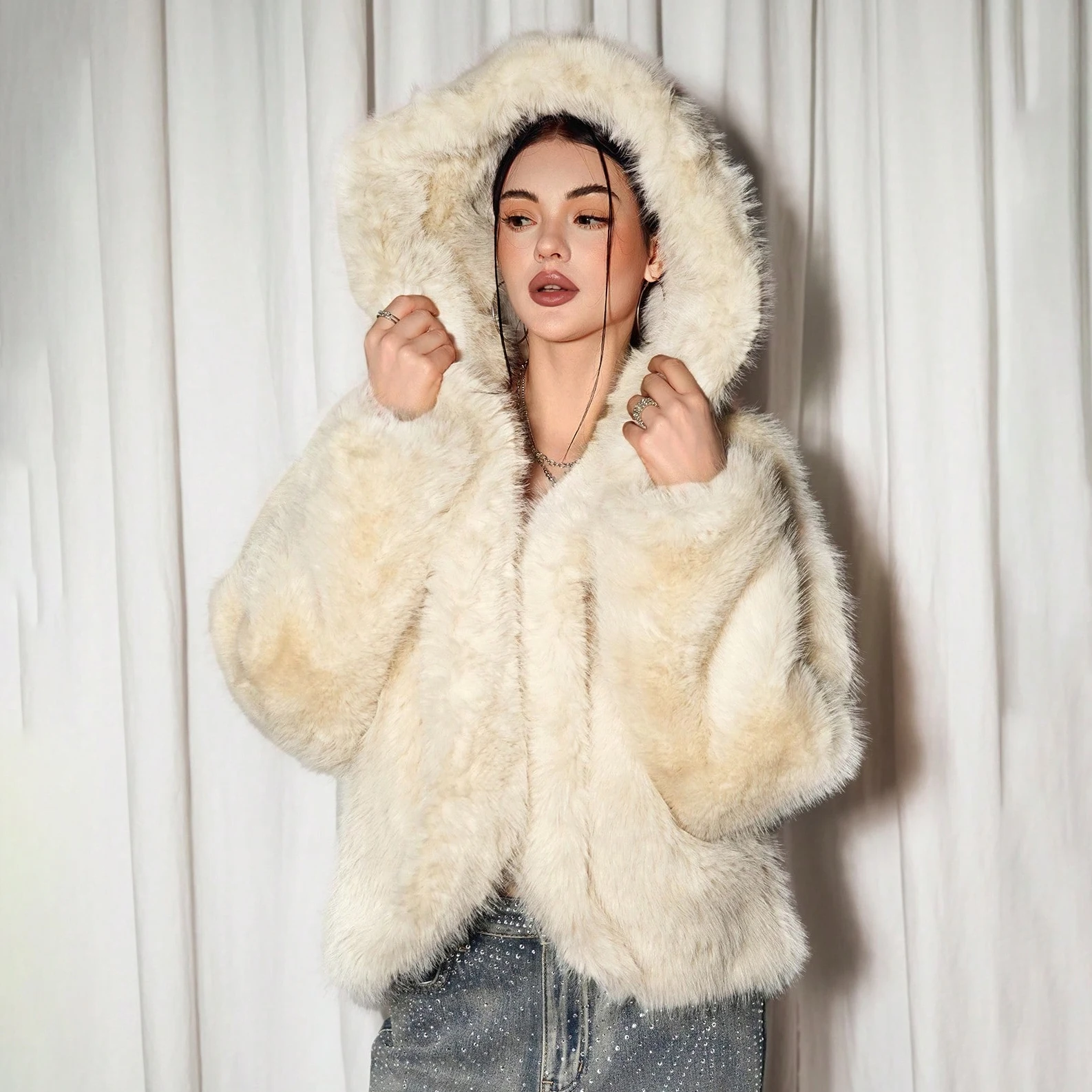 IG Women Hooded Faux Fur Short Coat, Open Front Oversized Loose Fit, Long Sleeve Winter Warm Fluffy Casual Outerwear Streetwear