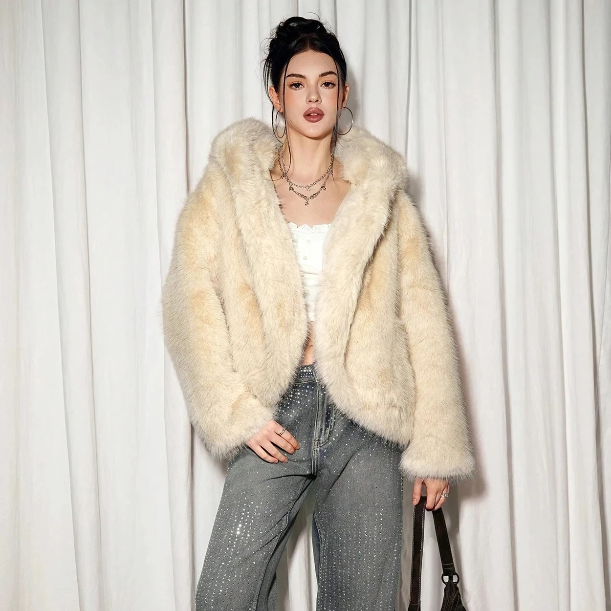 IG Women Hooded Faux Fur Short Coat, Open Front Oversized Loose Fit, Long Sleeve Winter Warm Fluffy Casual Outerwear Streetwear