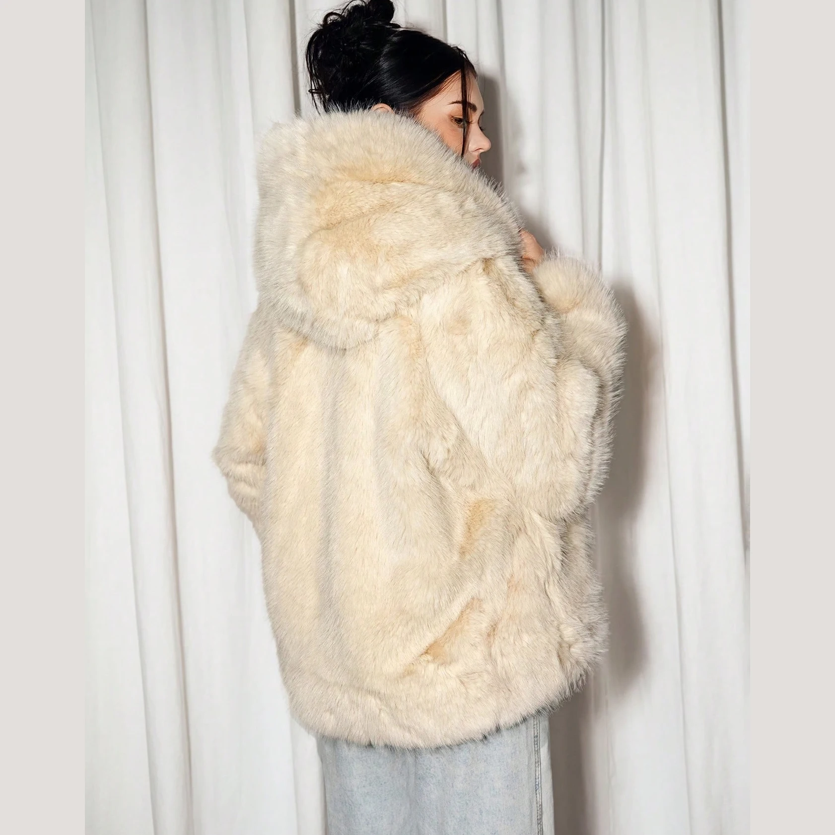 IG Women Hooded Faux Fur Short Coat, Open Front Oversized Loose Fit, Long Sleeve Winter Warm Fluffy Casual Outerwear Streetwear