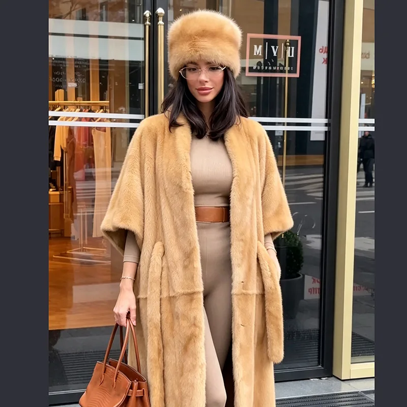 LANMREM Women Faux Mink Fur Long Cape Coat Open‑Front Wide Dolman Sleeve Luxury Loose Autumn Winter Outer Overcoat 2DB8913