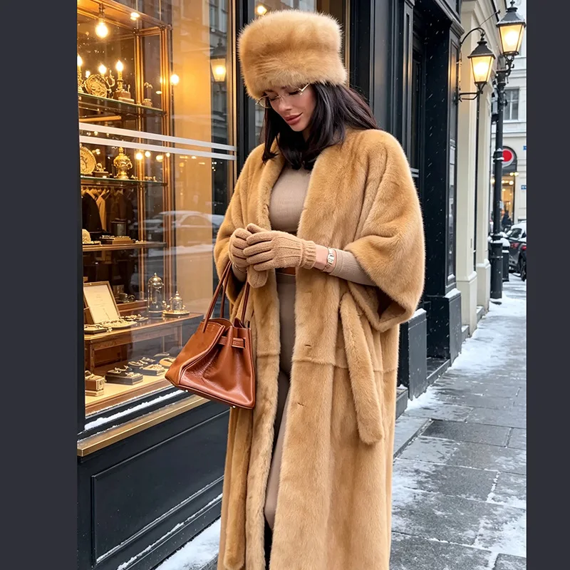 LANMREM Women Faux Mink Fur Long Cape Coat Open‑Front Wide Dolman Sleeve Luxury Loose Autumn Winter Outer Overcoat 2DB8913