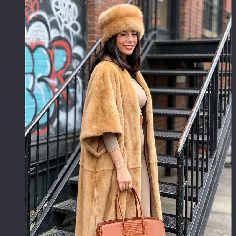 LANMREM Women Faux Mink Fur Long Cape Coat Open‑Front Wide Dolman Sleeve Luxury Loose Autumn Winter Outer Overcoat 2DB8913