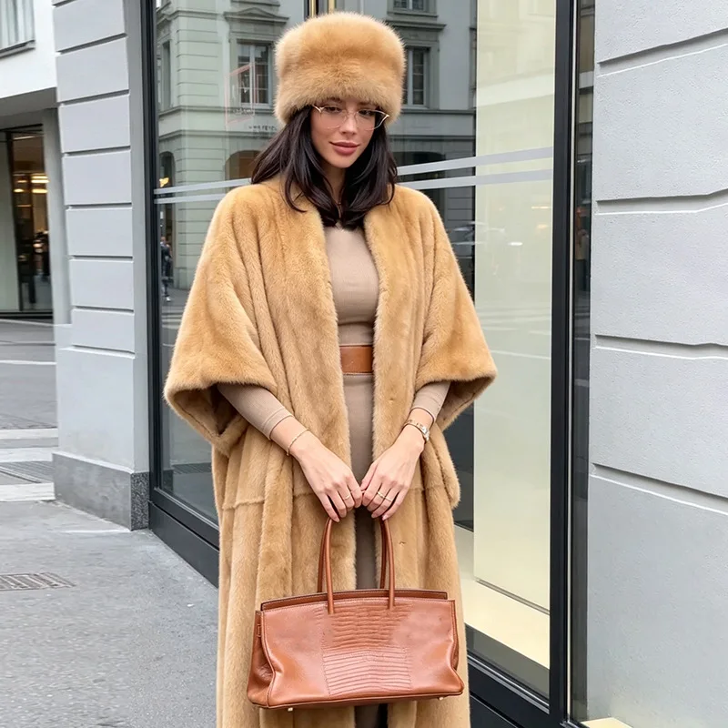 LANMREM Women Faux Mink Fur Long Cape Coat Open‑Front Wide Dolman Sleeve Luxury Loose Autumn Winter Outer Overcoat 2DB8913