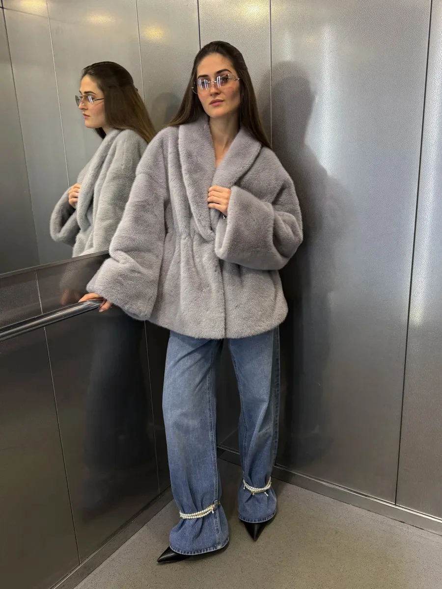Women's Grey Faux Fur Coat 2026 Twist Front Fluffy Jacket Warm Winter Plush Overcoat Lapel Collar Elegant Streetwear