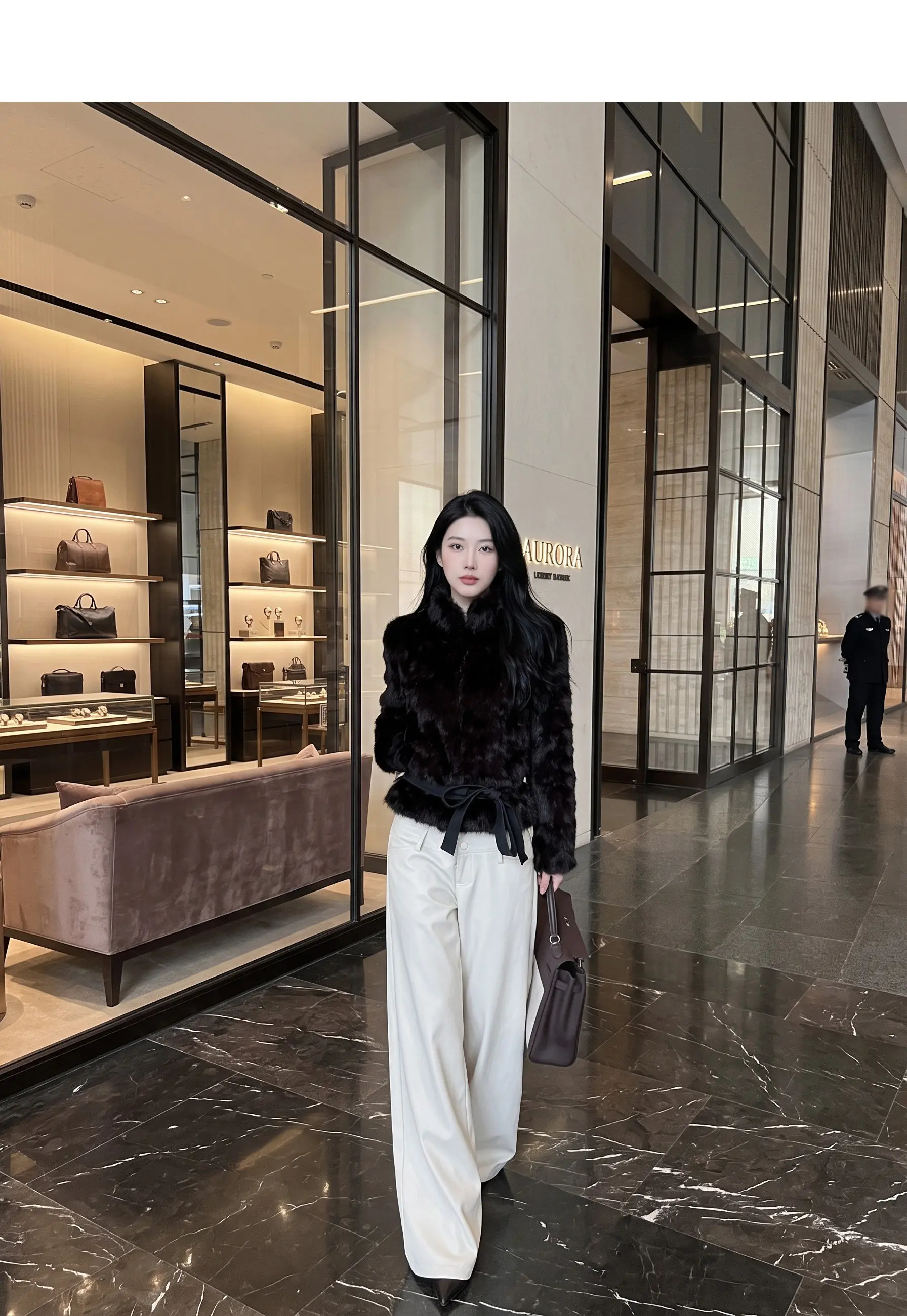 Autumn Winter Women Vintage Stand Collar Covered Buttons Faux Fur Coat Tie Bow Faux Leather Sashes Long Sleeve Warm Outerwear