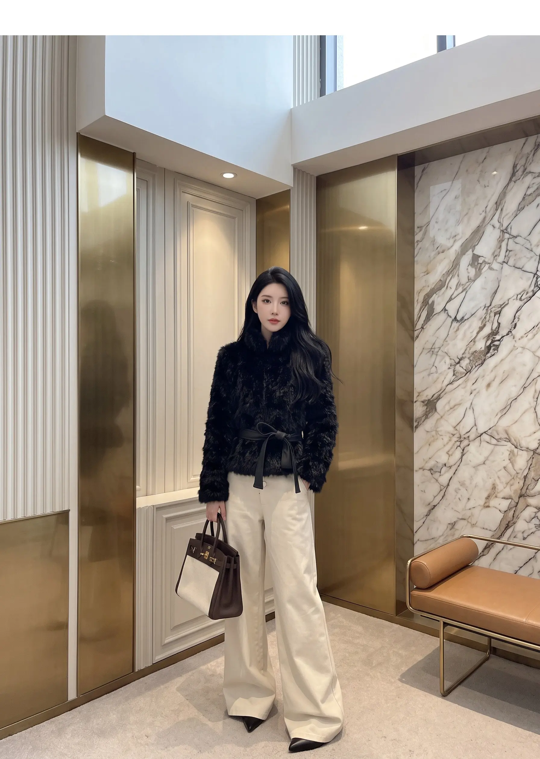 Autumn Winter Women Vintage Stand Collar Covered Buttons Faux Fur Coat Tie Bow Faux Leather Sashes Long Sleeve Warm Outerwear