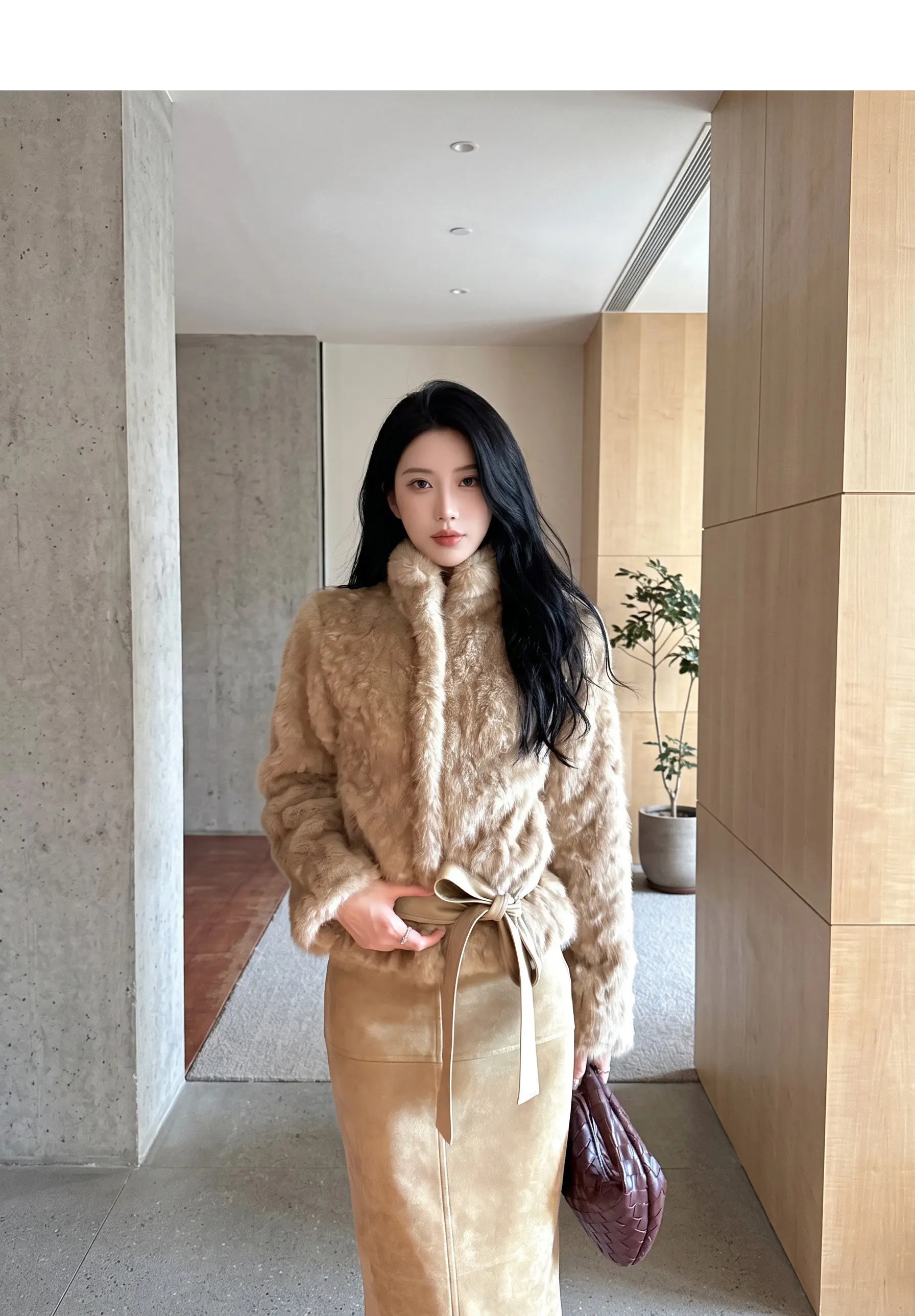 Autumn Winter Women Vintage Stand Collar Covered Buttons Faux Fur Coat Tie Bow Faux Leather Sashes Long Sleeve Warm Outerwear