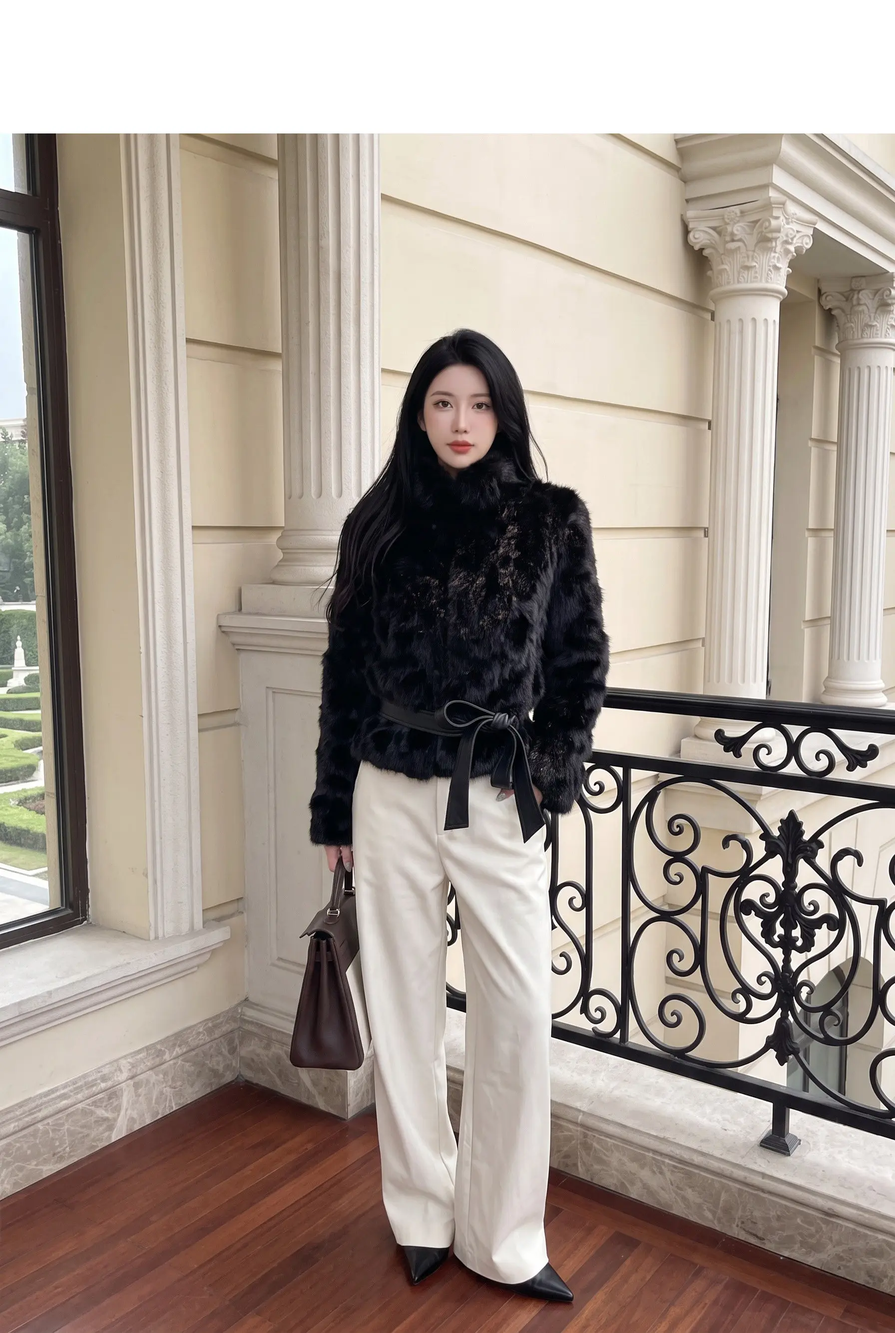 Autumn Winter Women Vintage Stand Collar Covered Buttons Faux Fur Coat Tie Bow Faux Leather Sashes Long Sleeve Warm Outerwear
