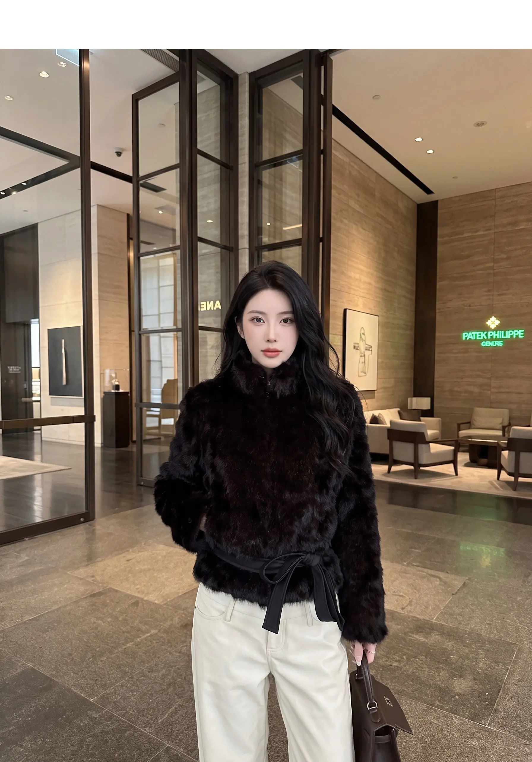Autumn Winter Women Vintage Stand Collar Covered Buttons Faux Fur Coat Tie Bow Faux Leather Sashes Long Sleeve Warm Outerwear