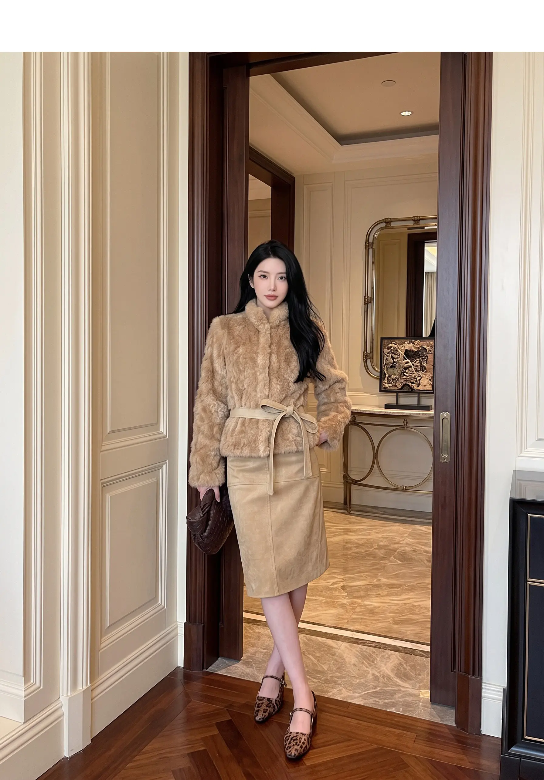 Autumn Winter Women Vintage Stand Collar Covered Buttons Faux Fur Coat Tie Bow Faux Leather Sashes Long Sleeve Warm Outerwear