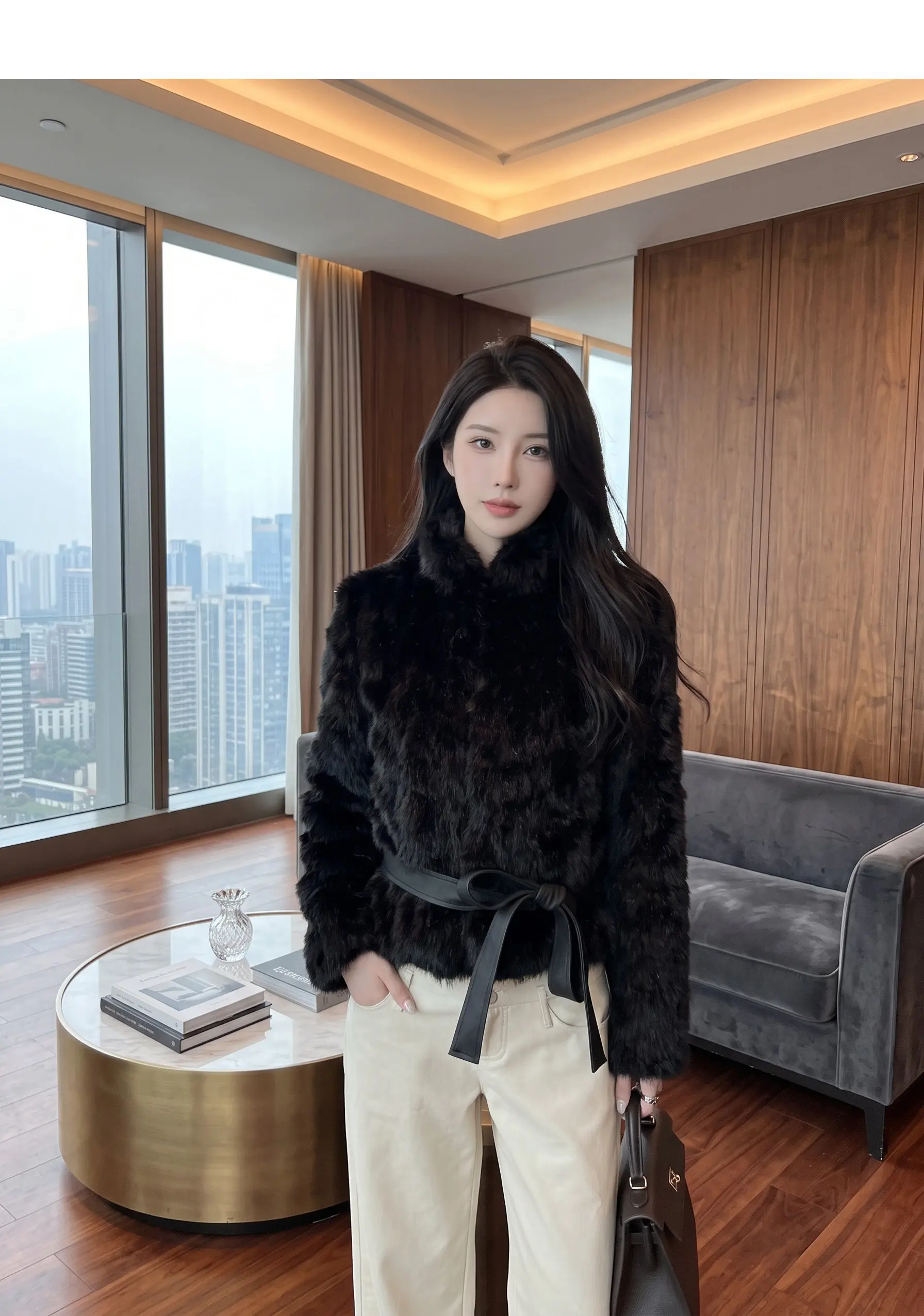 Autumn Winter Women Vintage Stand Collar Covered Buttons Faux Fur Coat Tie Bow Faux Leather Sashes Long Sleeve Warm Outerwear