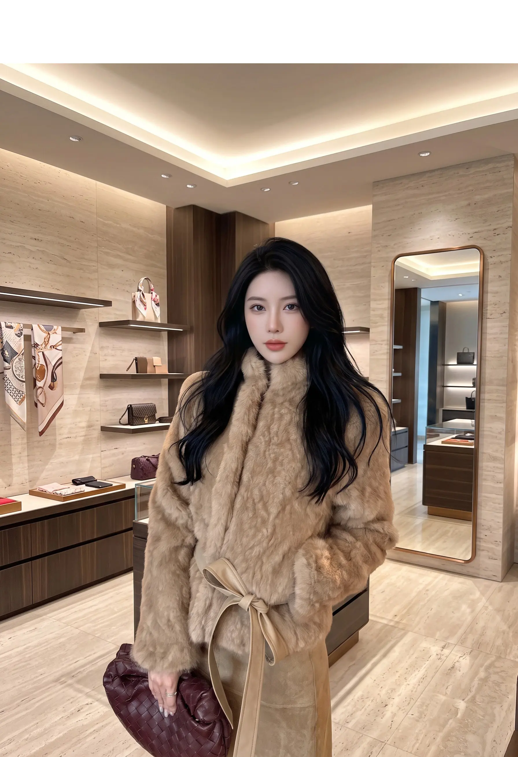 Autumn Winter Women Vintage Stand Collar Covered Buttons Faux Fur Coat Tie Bow Faux Leather Sashes Long Sleeve Warm Outerwear