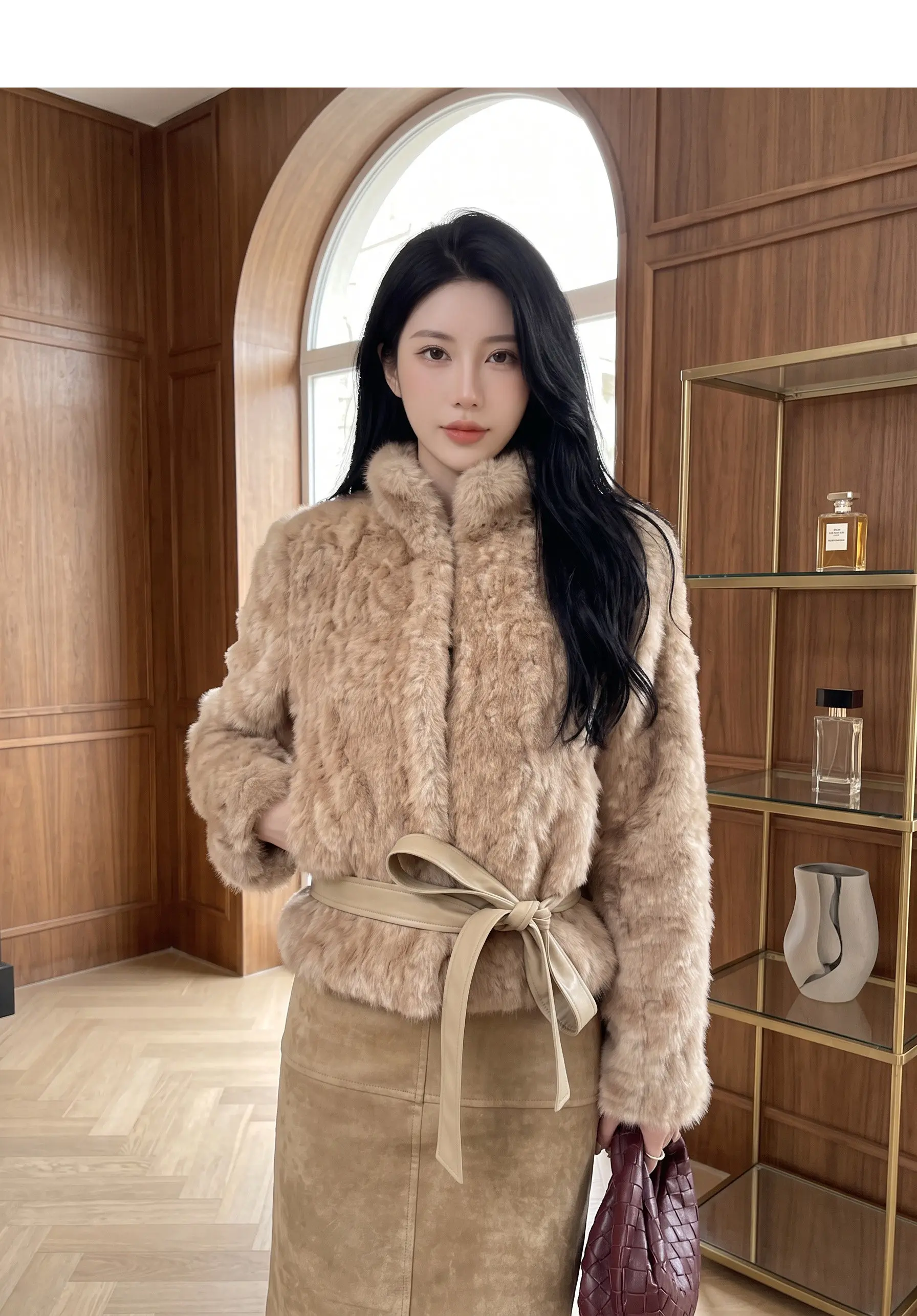 Autumn Winter Women Vintage Stand Collar Covered Buttons Faux Fur Coat Tie Bow Faux Leather Sashes Long Sleeve Warm Outerwear