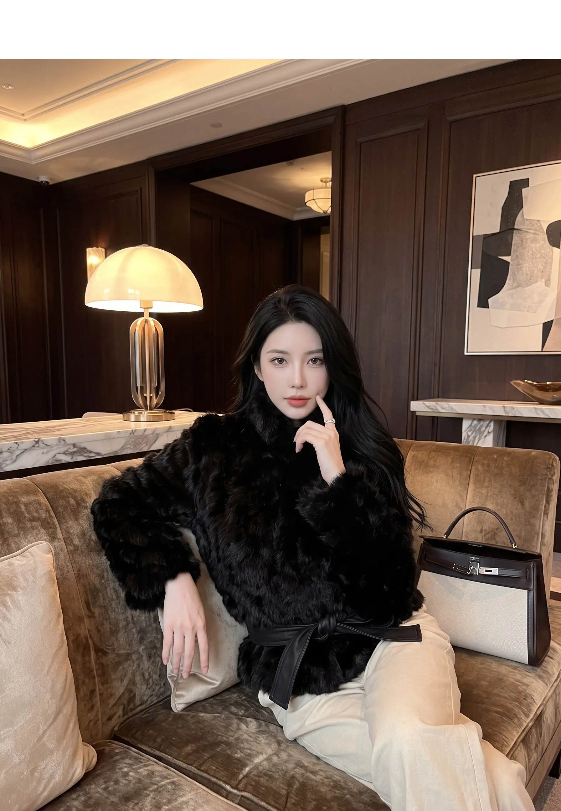Autumn Winter Women Vintage Stand Collar Covered Buttons Faux Fur Coat Tie Bow Faux Leather Sashes Long Sleeve Warm Outerwear