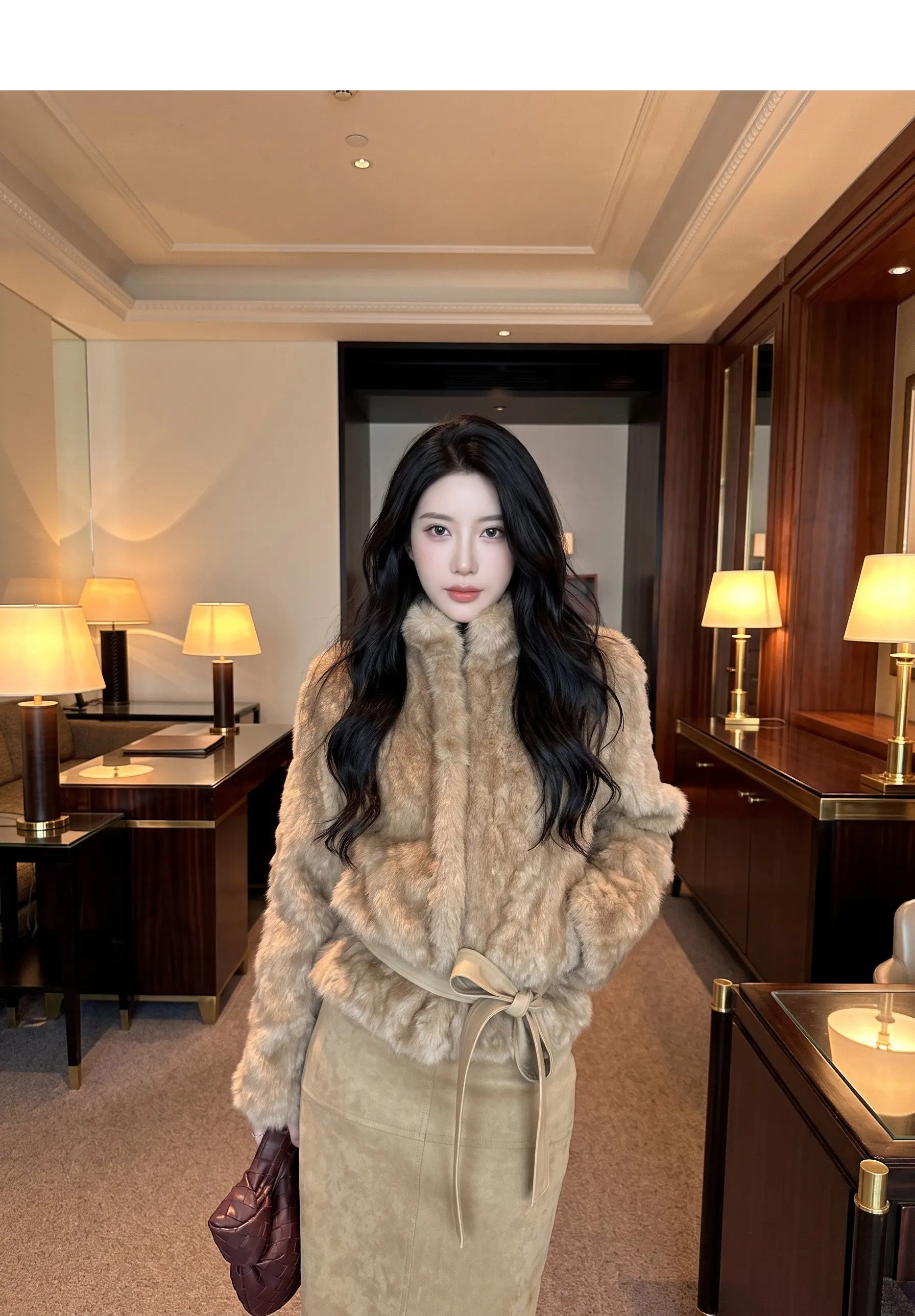 Autumn Winter Women Vintage Stand Collar Covered Buttons Faux Fur Coat Tie Bow Faux Leather Sashes Long Sleeve Warm Outerwear