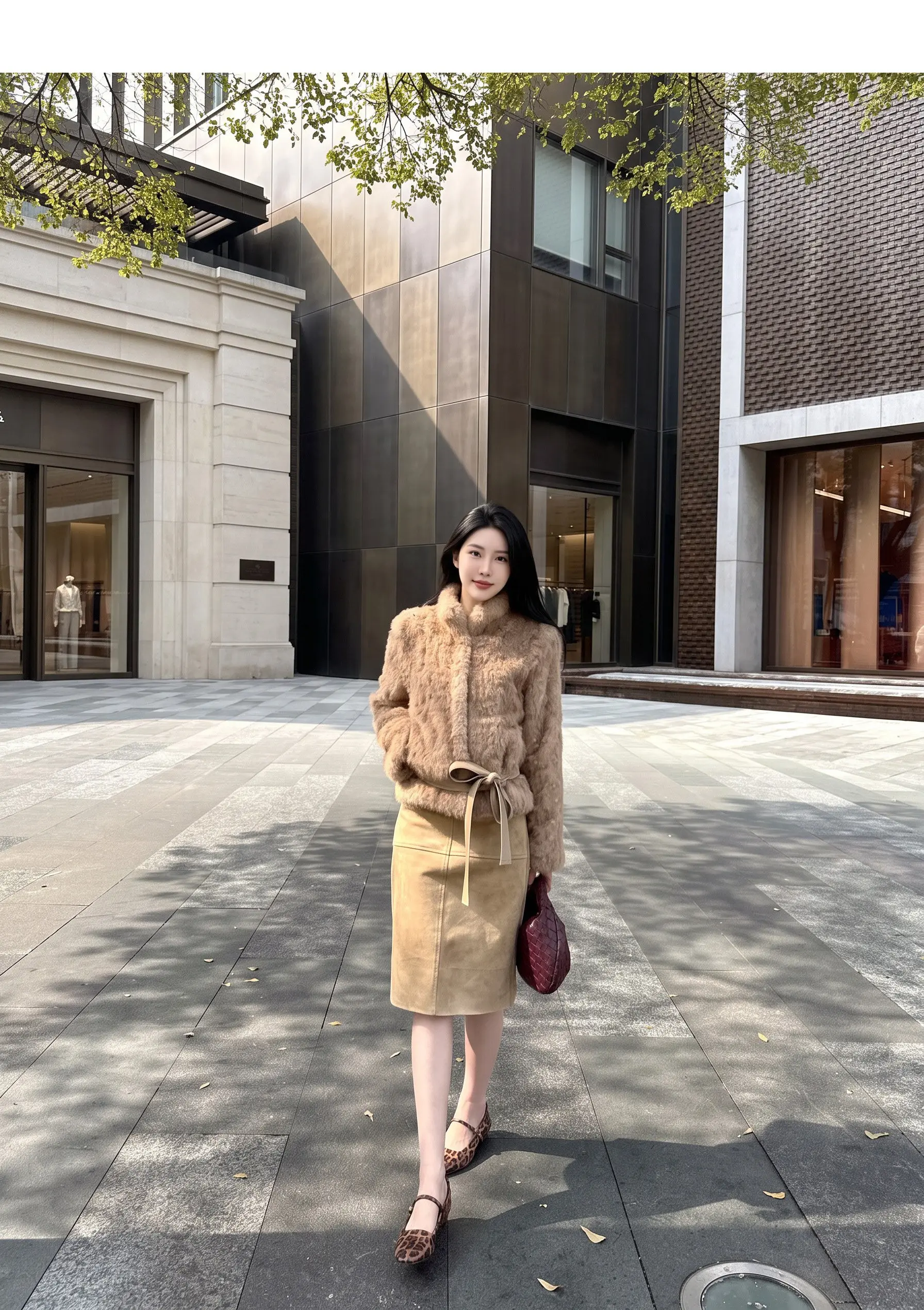 Autumn Winter Women Vintage Stand Collar Covered Buttons Faux Fur Coat Tie Bow Faux Leather Sashes Long Sleeve Warm Outerwear
