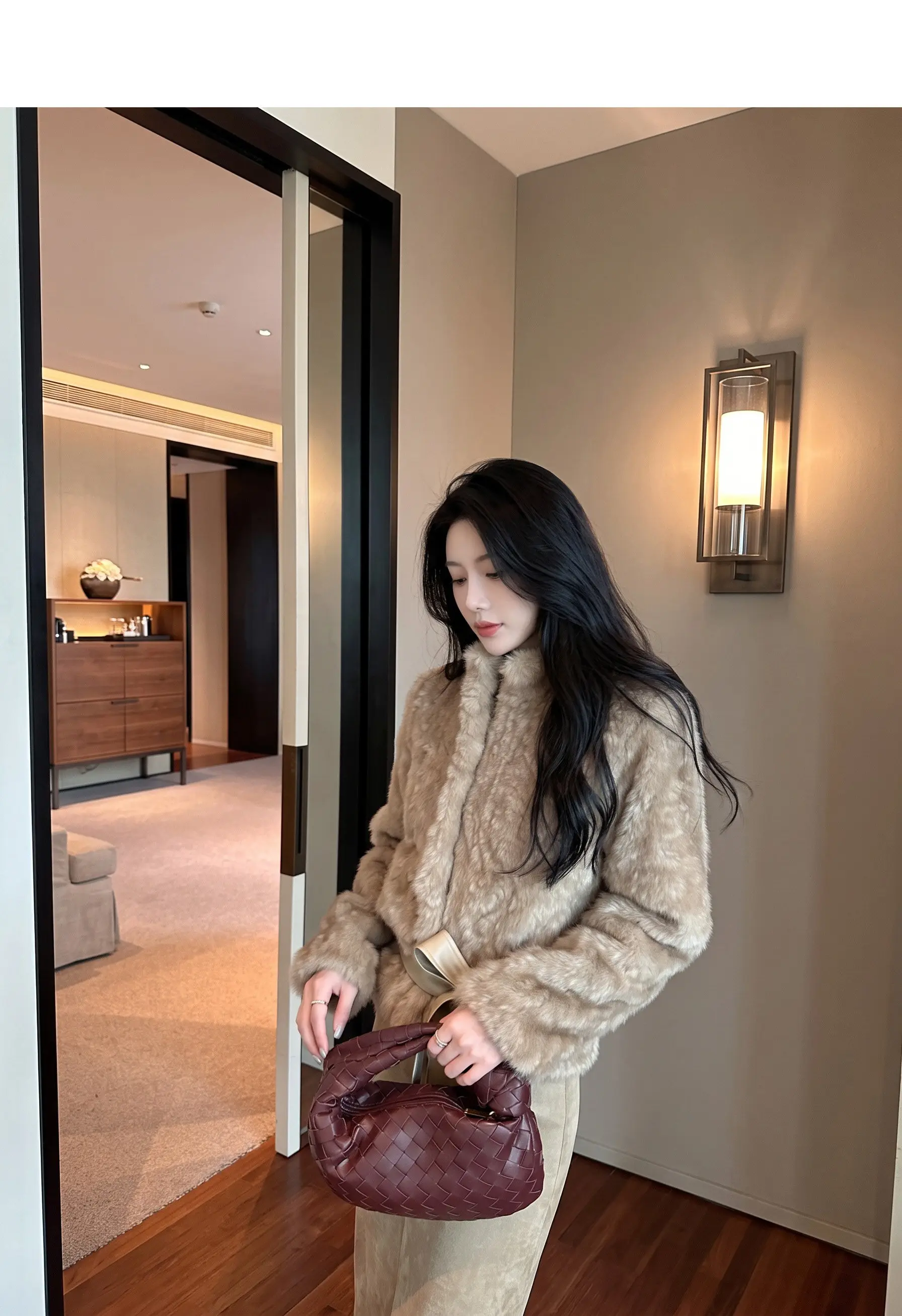 Autumn Winter Women Vintage Stand Collar Covered Buttons Faux Fur Coat Tie Bow Faux Leather Sashes Long Sleeve Warm Outerwear