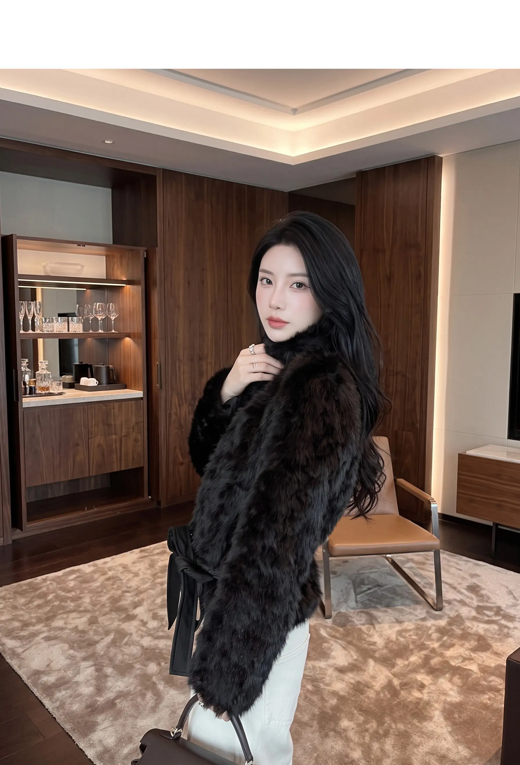 Autumn Winter Women Vintage Stand Collar Covered Buttons Faux Fur Coat Tie Bow Faux Leather Sashes Long Sleeve Warm Outerwear