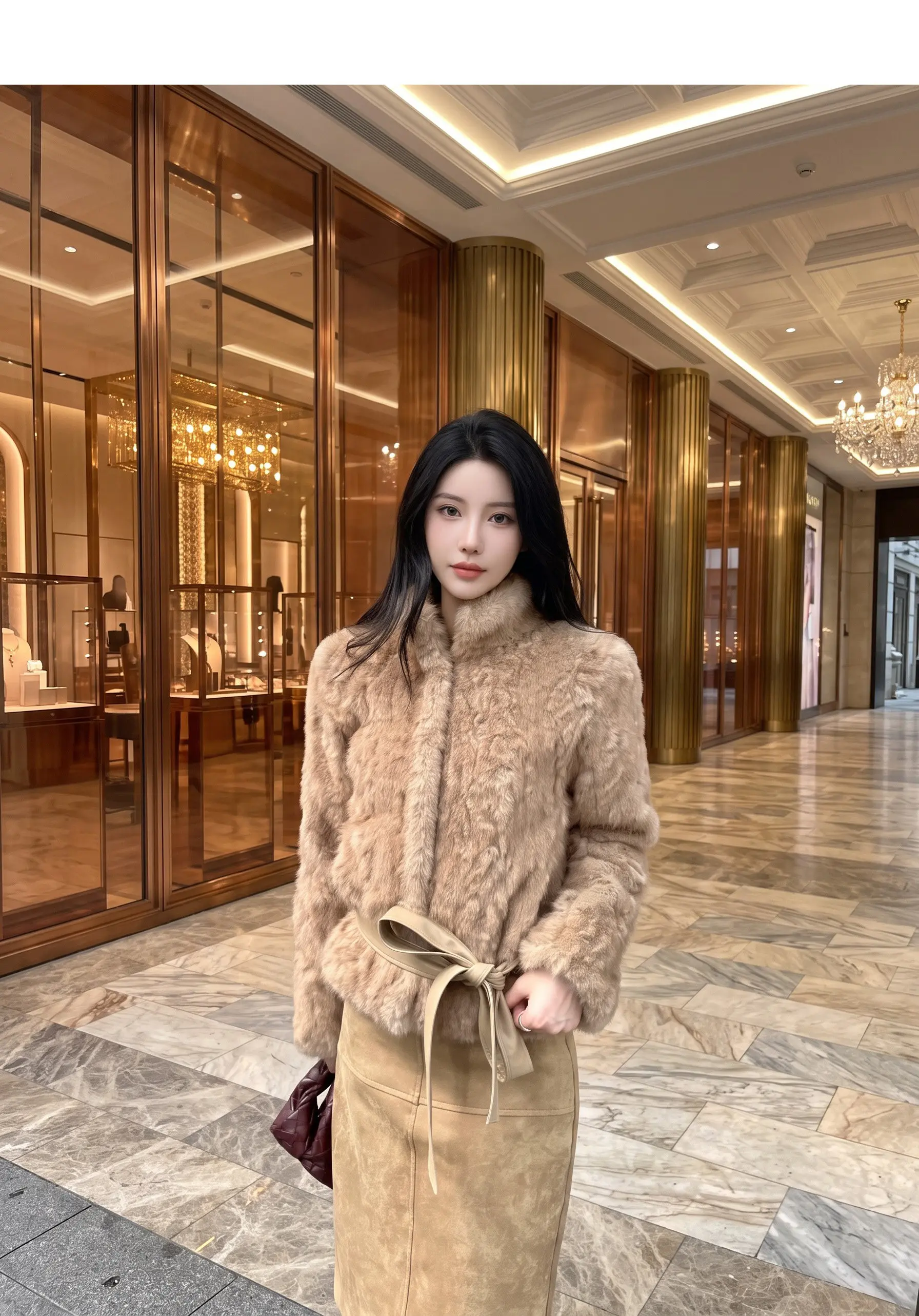 Autumn Winter Women Vintage Stand Collar Covered Buttons Faux Fur Coat Tie Bow Faux Leather Sashes Long Sleeve Warm Outerwear