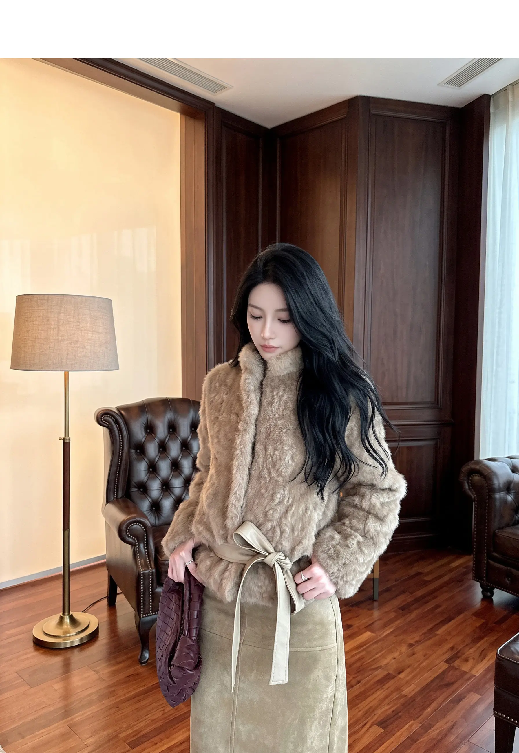 Autumn Winter Women Vintage Stand Collar Covered Buttons Faux Fur Coat Tie Bow Faux Leather Sashes Long Sleeve Warm Outerwear