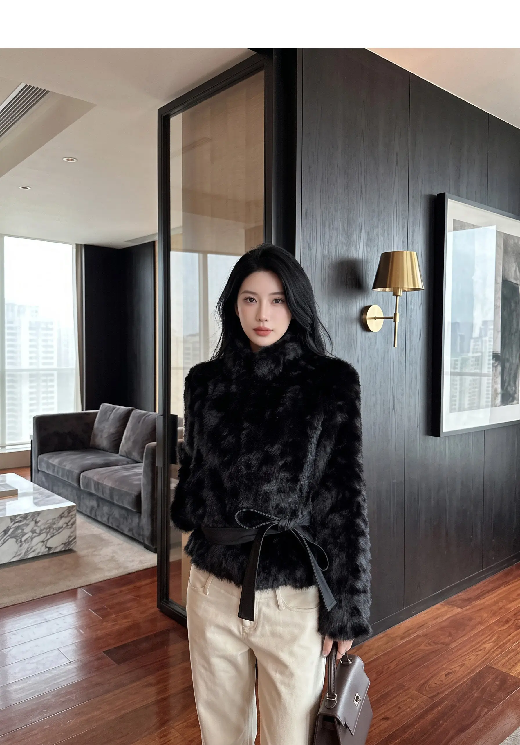 Autumn Winter Women Vintage Stand Collar Covered Buttons Faux Fur Coat Tie Bow Faux Leather Sashes Long Sleeve Warm Outerwear