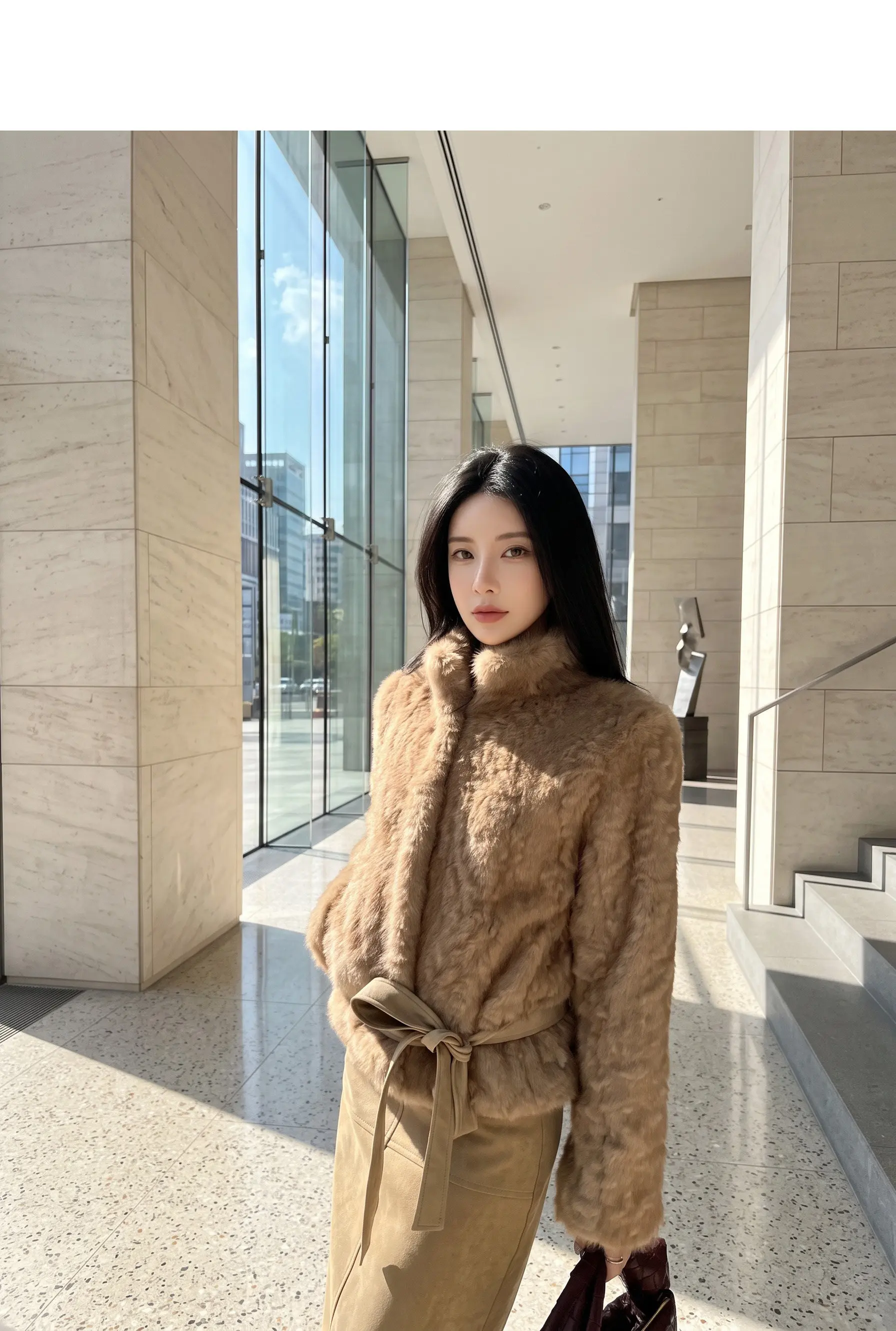 Autumn Winter Women Vintage Stand Collar Covered Buttons Faux Fur Coat Tie Bow Faux Leather Sashes Long Sleeve Warm Outerwear