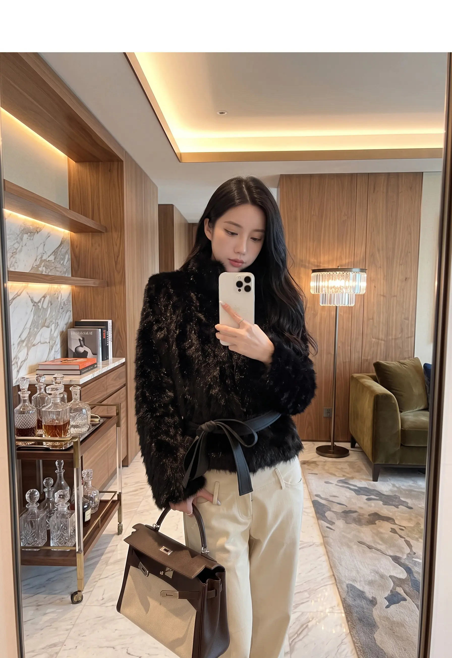 Autumn Winter Women Vintage Stand Collar Covered Buttons Faux Fur Coat Tie Bow Faux Leather Sashes Long Sleeve Warm Outerwear