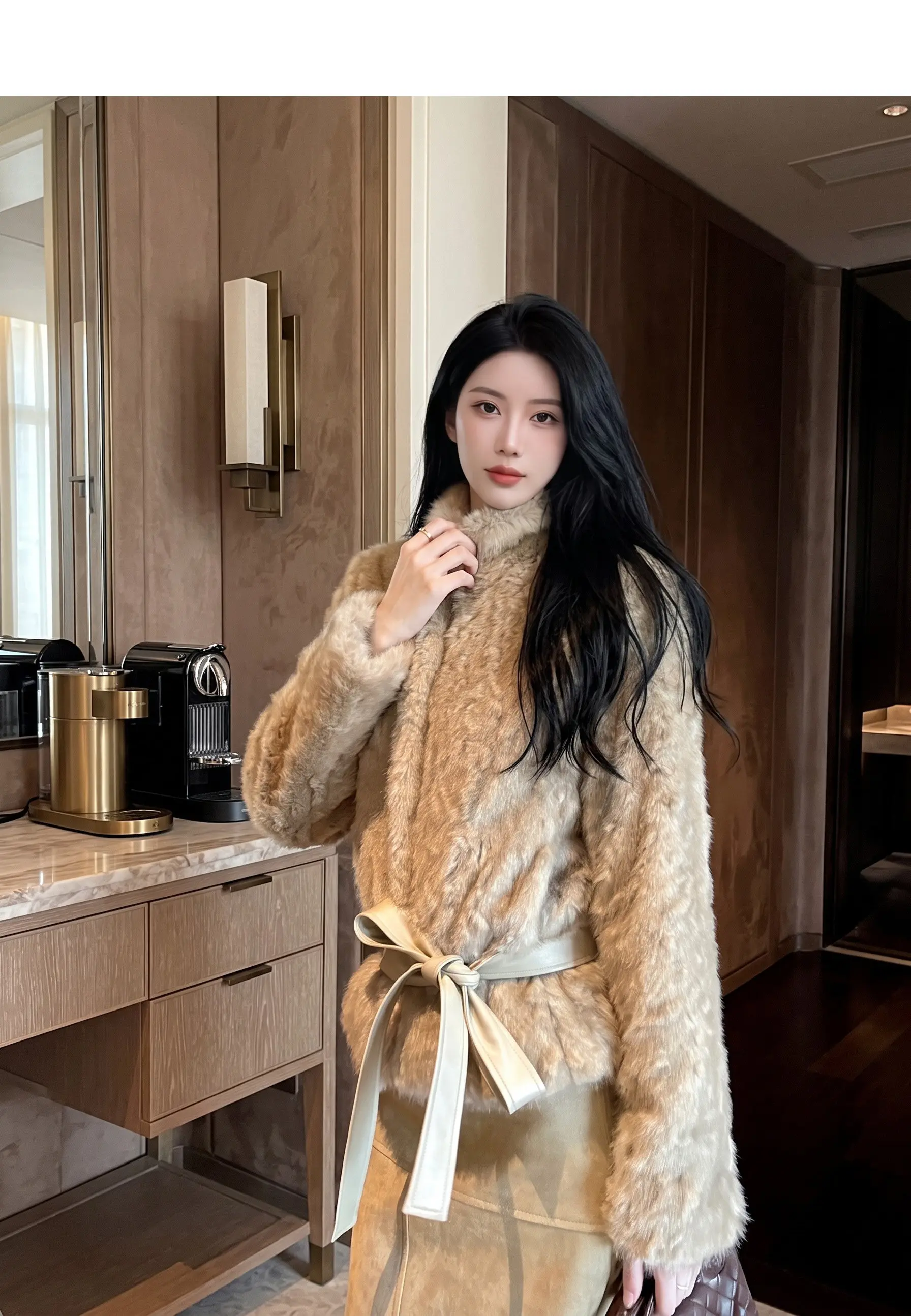 Autumn Winter Women Vintage Stand Collar Covered Buttons Faux Fur Coat Tie Bow Faux Leather Sashes Long Sleeve Warm Outerwear