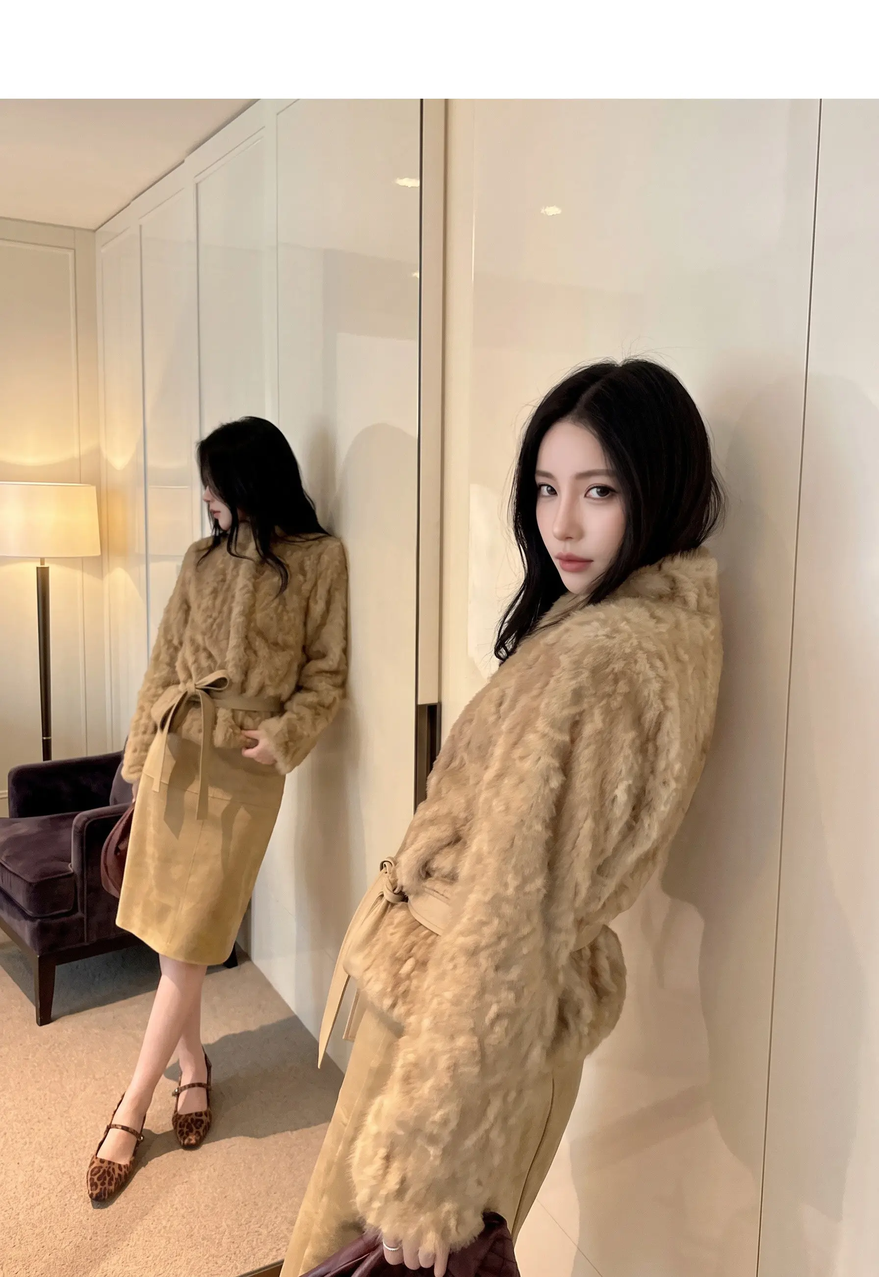 Autumn Winter Women Vintage Stand Collar Covered Buttons Faux Fur Coat Tie Bow Faux Leather Sashes Long Sleeve Warm Outerwear