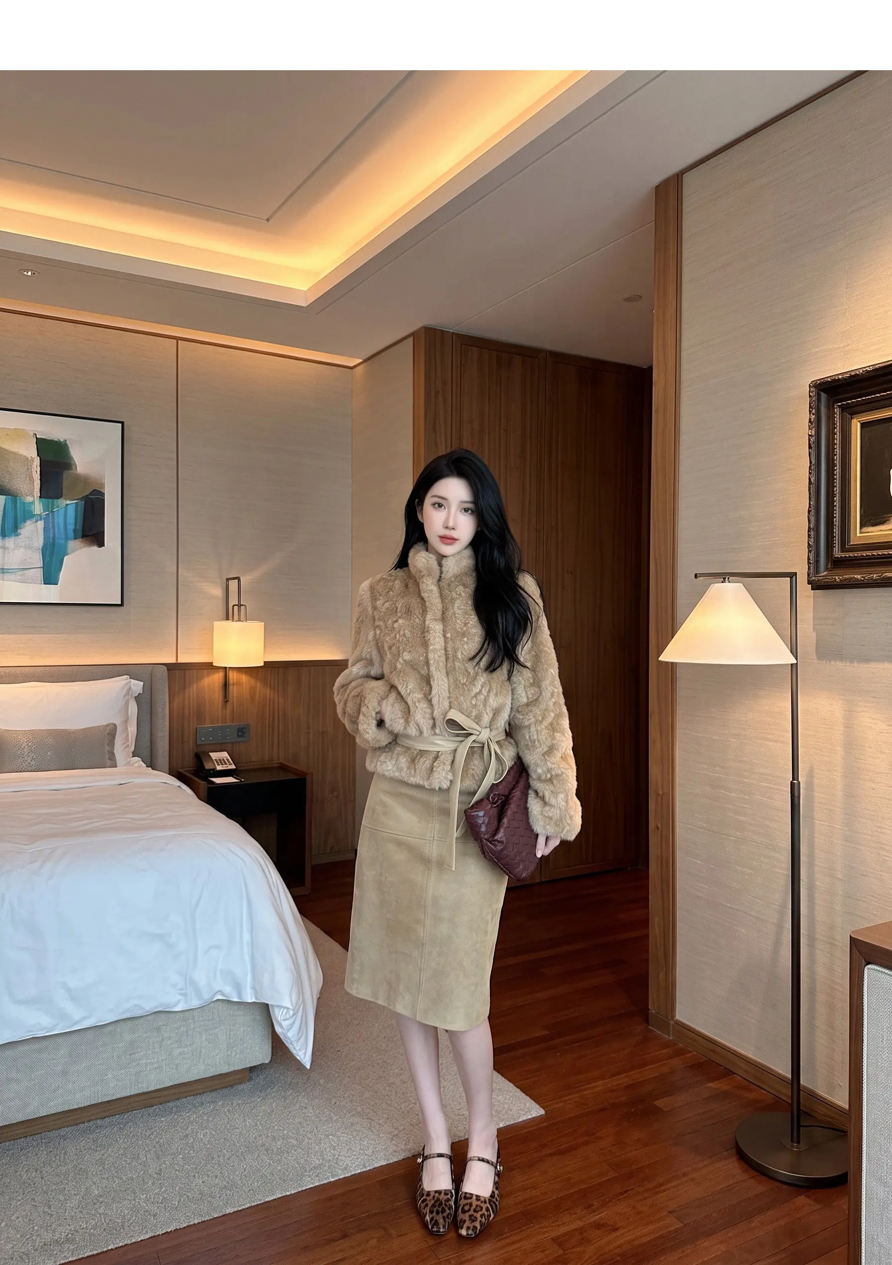 Autumn Winter Women Vintage Stand Collar Covered Buttons Faux Fur Coat Tie Bow Faux Leather Sashes Long Sleeve Warm Outerwear
