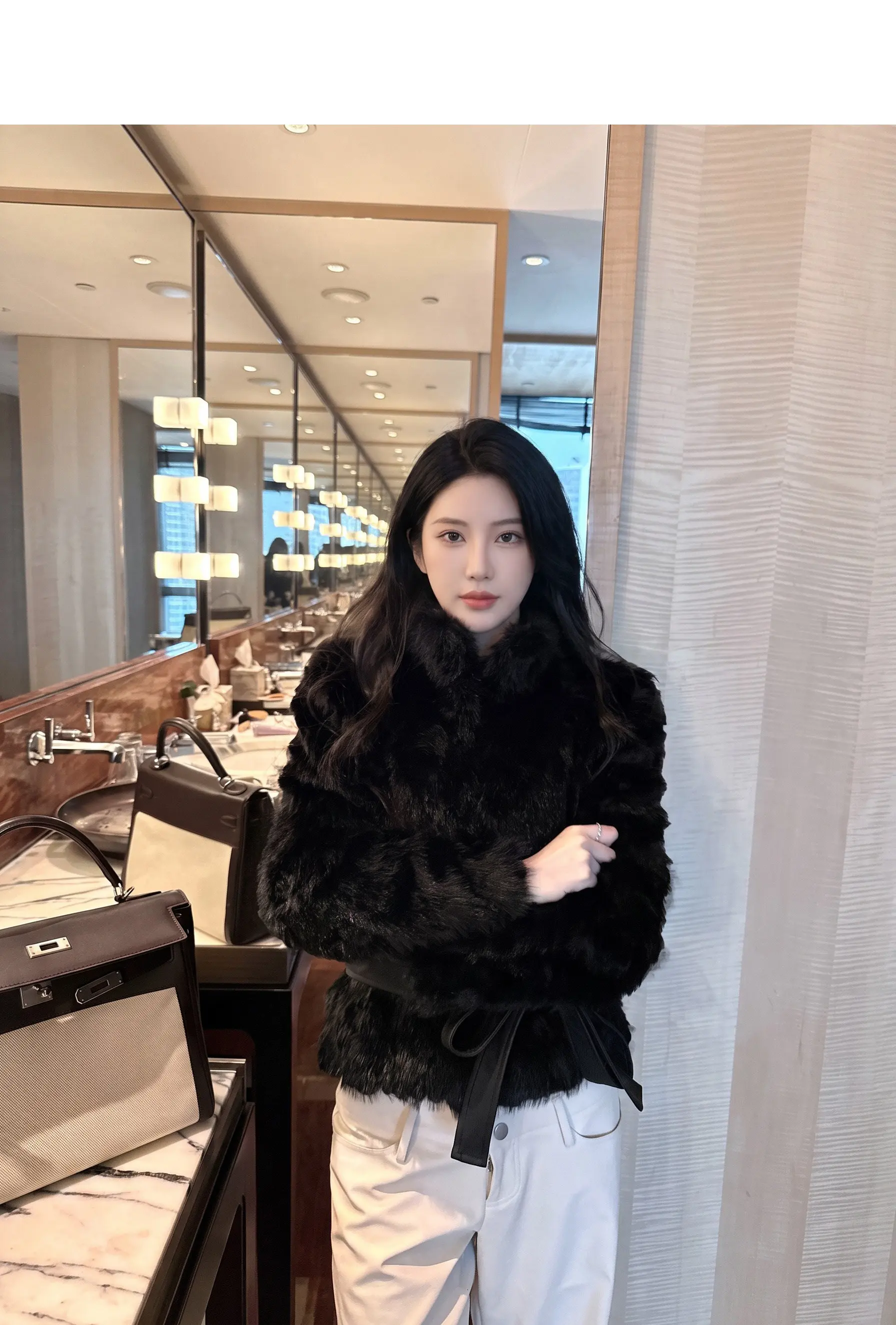 Autumn Winter Women Vintage Stand Collar Covered Buttons Faux Fur Coat Tie Bow Faux Leather Sashes Long Sleeve Warm Outerwear
