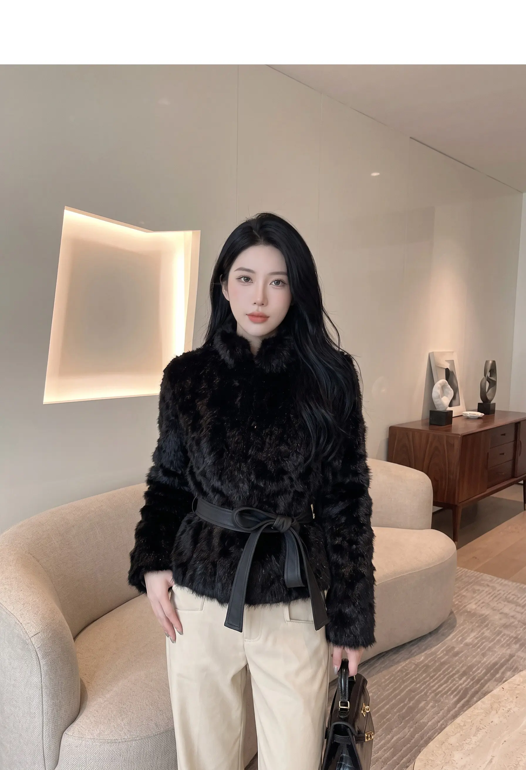 Autumn Winter Women Vintage Stand Collar Covered Buttons Faux Fur Coat Tie Bow Faux Leather Sashes Long Sleeve Warm Outerwear