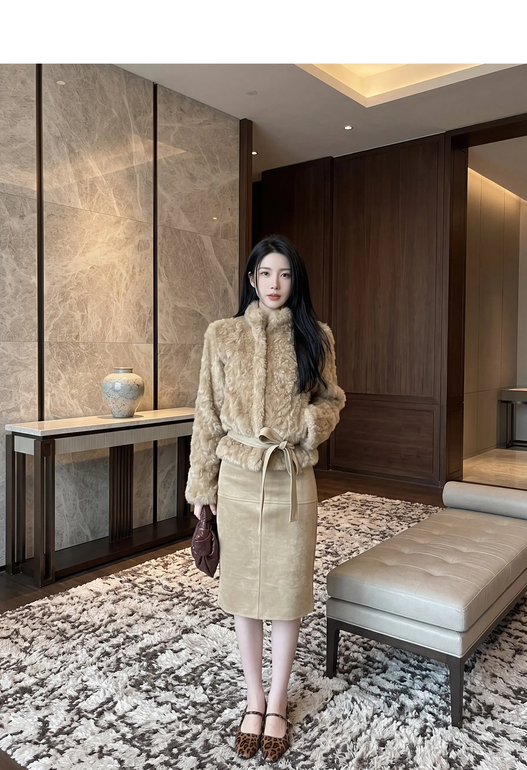 Autumn Winter Women Vintage Stand Collar Covered Buttons Faux Fur Coat Tie Bow Faux Leather Sashes Long Sleeve Warm Outerwear