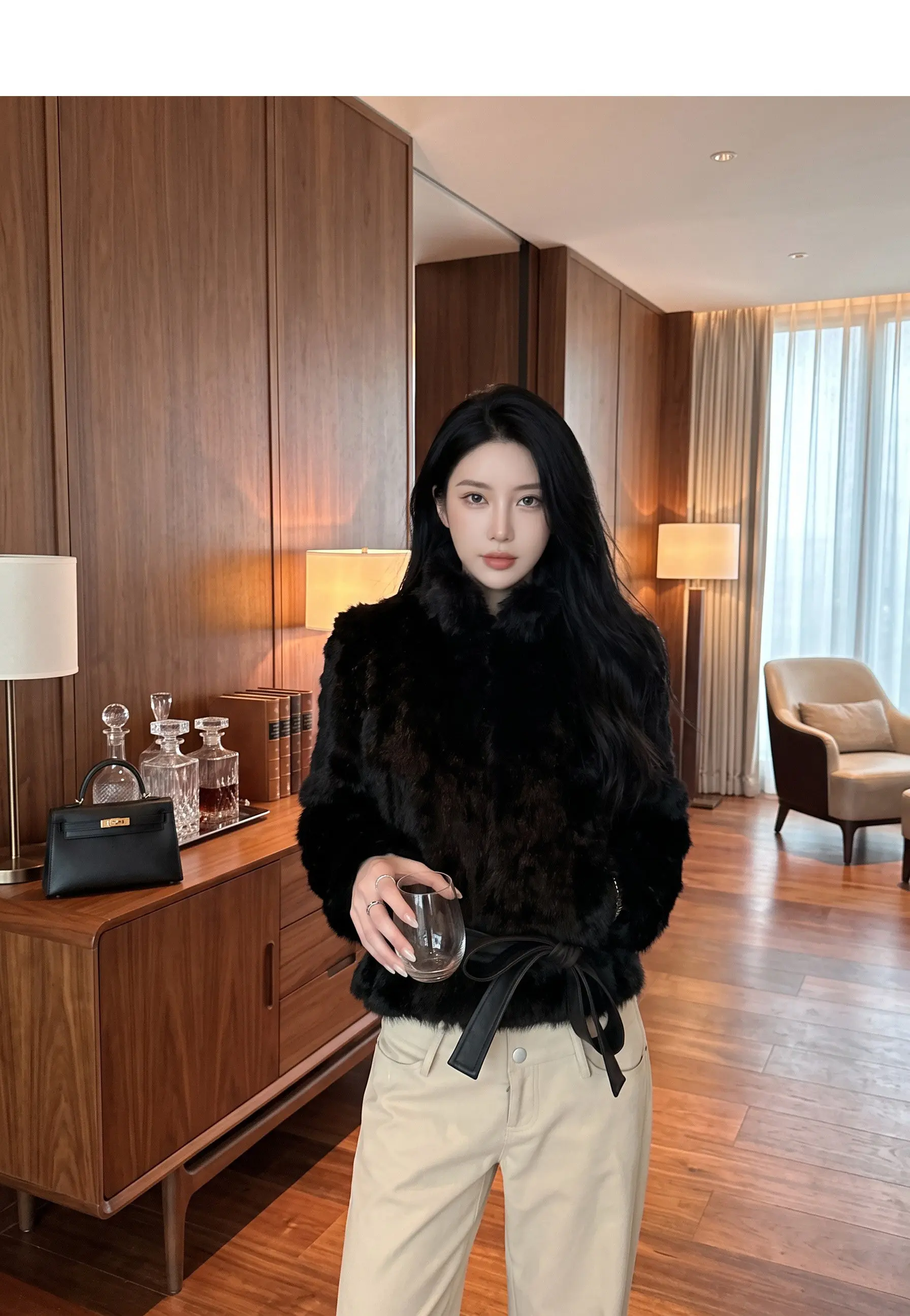 Autumn Winter Women Vintage Stand Collar Covered Buttons Faux Fur Coat Tie Bow Faux Leather Sashes Long Sleeve Warm Outerwear
