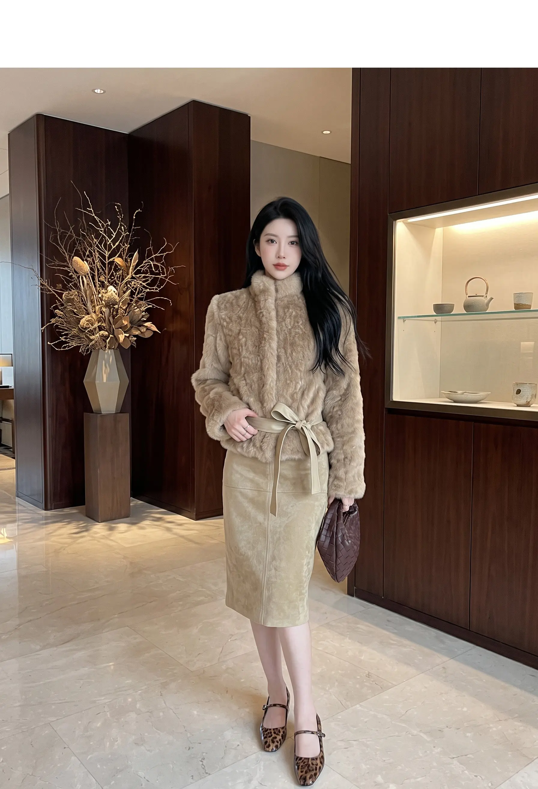 Autumn Winter Women Vintage Stand Collar Covered Buttons Faux Fur Coat Tie Bow Faux Leather Sashes Long Sleeve Warm Outerwear