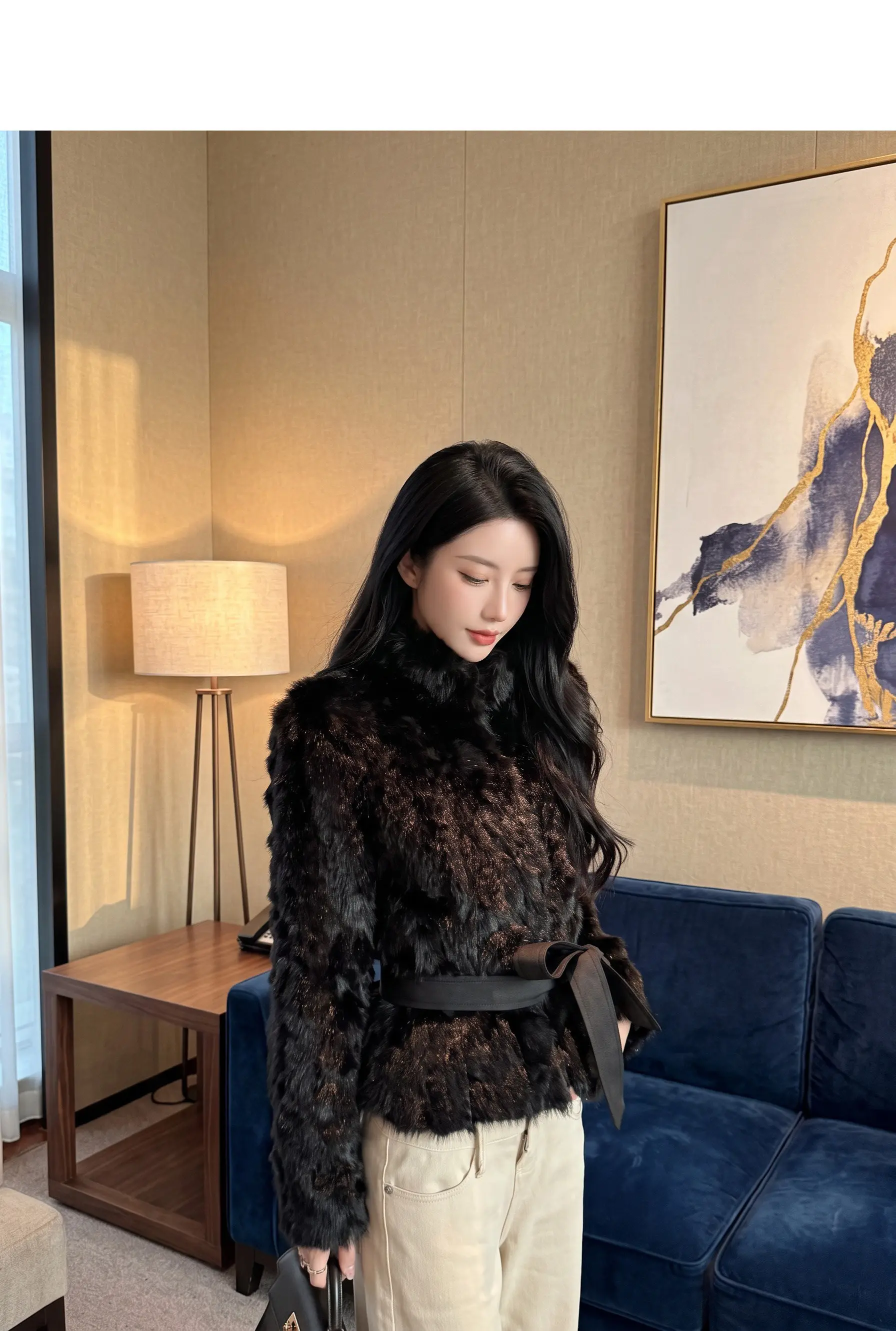 Autumn Winter Women Vintage Stand Collar Covered Buttons Faux Fur Coat Tie Bow Faux Leather Sashes Long Sleeve Warm Outerwear