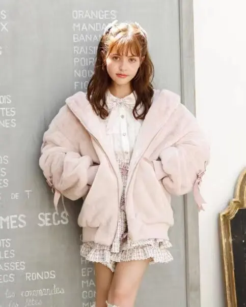 Lautaro Autumn Winter Thick Warm Sweet Cute Pink Faux Fur Coat Hoodie Women with Bunny Ears Lace Up Loose Clothes Fluffy Jacket