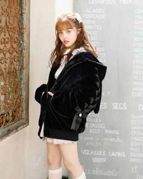 Lautaro Autumn Winter Thick Warm Sweet Cute Pink Faux Fur Coat Hoodie Women with Bunny Ears Lace Up Loose Clothes Fluffy Jacket