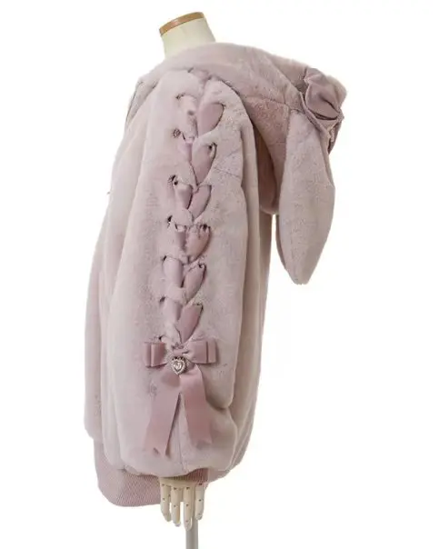 Lautaro Autumn Winter Thick Warm Sweet Cute Pink Faux Fur Coat Hoodie Women with Bunny Ears Lace Up Loose Clothes Fluffy Jacket
