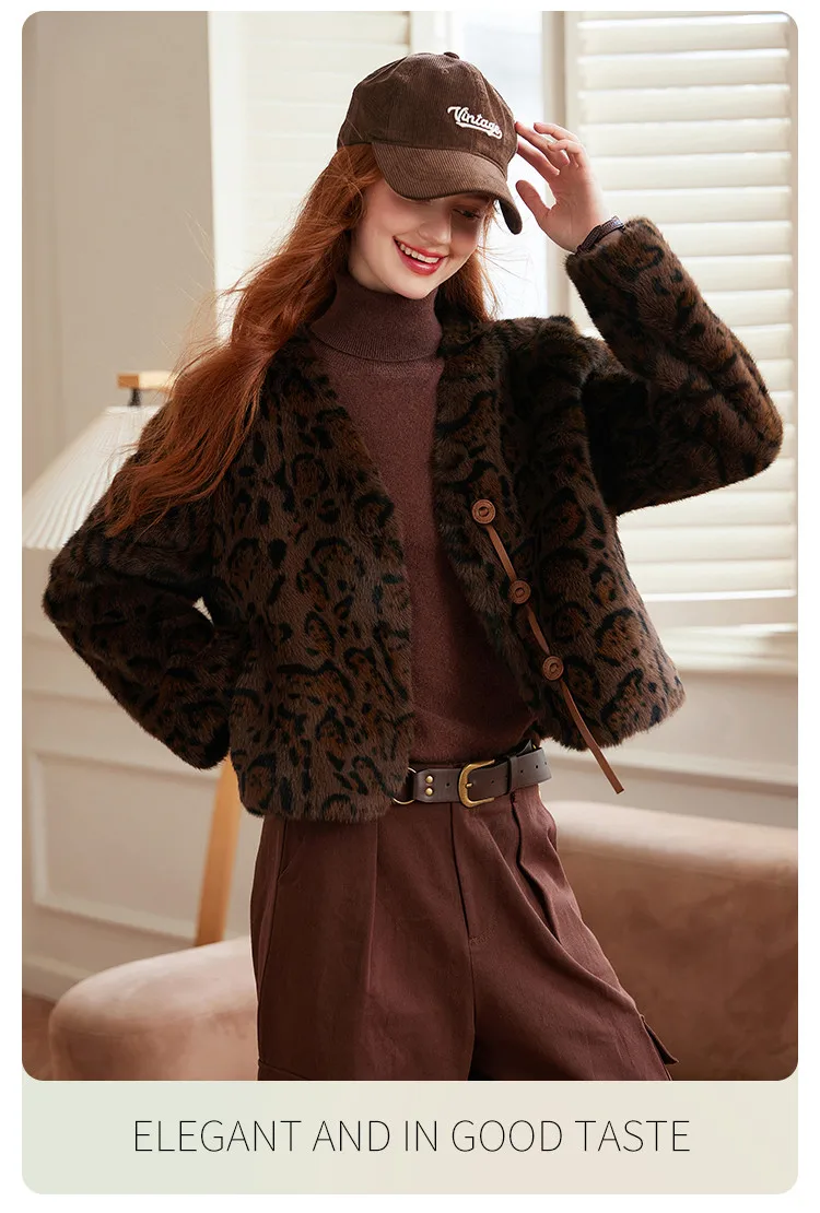 Louis Yao Ladies' Elegant Style Coat 2025 Autumn Winter V-Neck Regular Shoulder Sleeves Faux Mink Fur Pattern Print Women's Coat