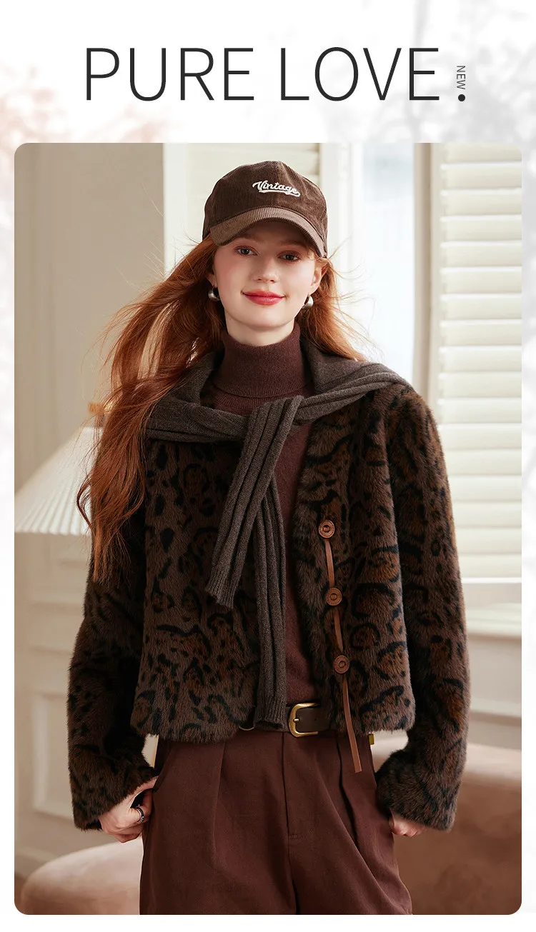 Louis Yao Ladies' Elegant Style Coat 2025 Autumn Winter V-Neck Regular Shoulder Sleeves Faux Mink Fur Pattern Print Women's Coat