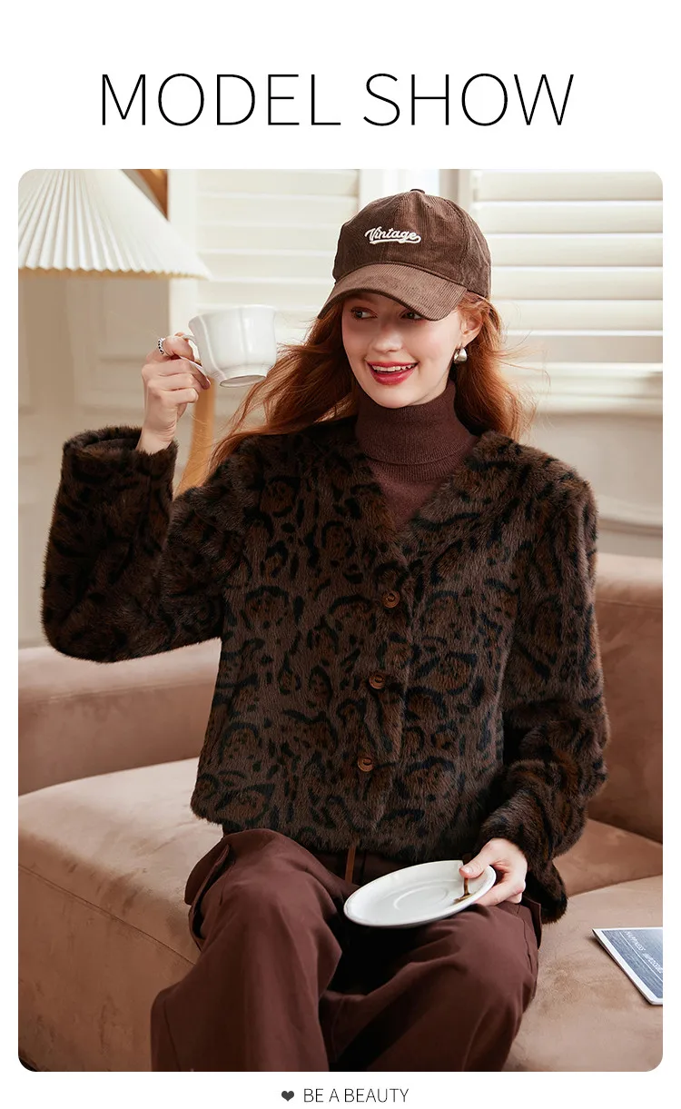 Louis Yao Ladies' Elegant Style Coat 2025 Autumn Winter V-Neck Regular Shoulder Sleeves Faux Mink Fur Pattern Print Women's Coat