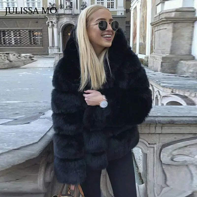 DEAT Fashion Imitation Fox Fur Grass Jacket Women's Hooded Loose Long Sleeves Patchwork Plush Thick Coat Winter New 7A975