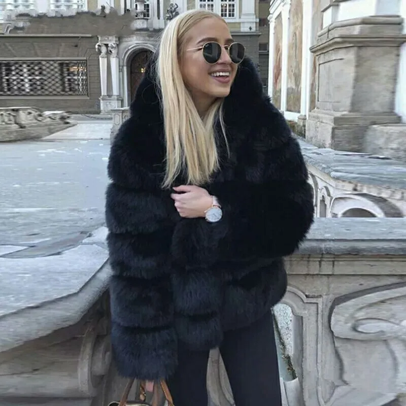 DEAT Fashion Imitation Fox Fur Grass Jacket Women's Hooded Loose Long Sleeves Patchwork Plush Thick Coat Winter New 7A975