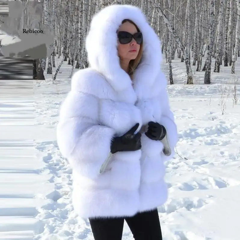 DEAT Fashion Imitation Fox Fur Grass Jacket Women's Hooded Loose Long Sleeves Patchwork Plush Thick Coat Winter New 7A975