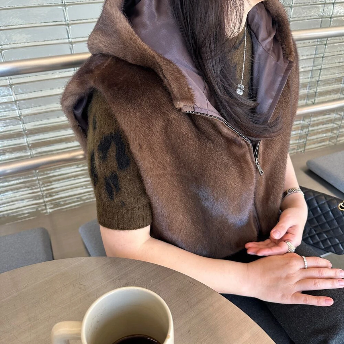 Women's Hooded Faux Fur Vest Zip Up Sleeveless Plush Thick Winter Warm Coat Elegant Luxe Chic Trendy Outerwear